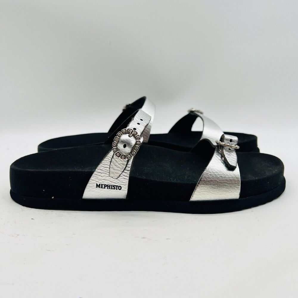 Mephisto Silver Leather Buckle Slide Sandals